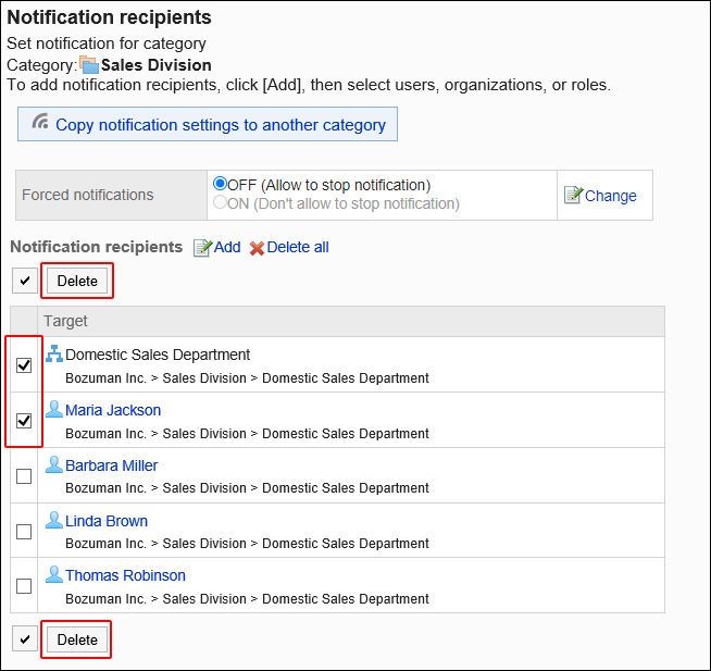 Image showing the selection of notification recipients to delete