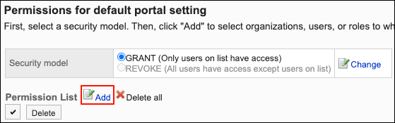 Screenshot: The "Add" action link is highlighted on the "Permissions for default portal setting" screen