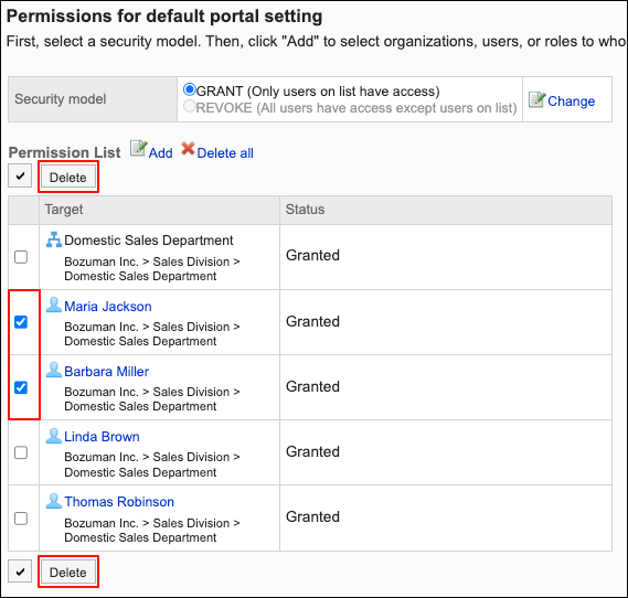 Screenshot: The checkboxes of users to delete and the "Delete" button are highlighted on the "Permissions for default portal setting" screen