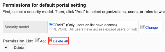 Screenshot: The "Delete all" action link is highlighted on the "Permissions for default portal setting" screen