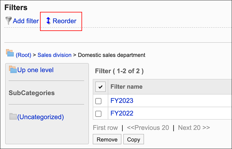 Screenshot: Link to reorder is highlighted in the Filters screen