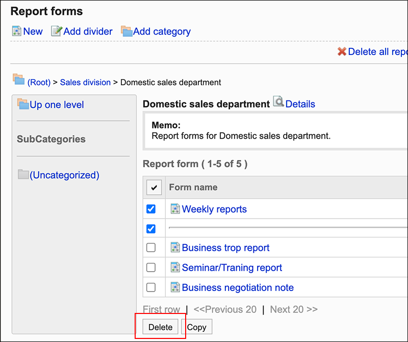 Screenshot: Link to delete is highlighted on the Report forms screen