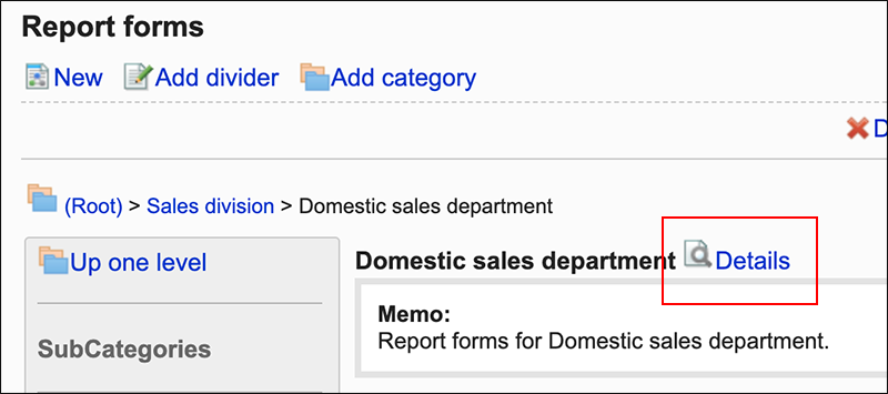 Screenshot: Link of Details is highlighted on the Report forms screen