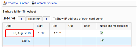 Screenshot: The start date of the aggregation on Timesheet is highlighted