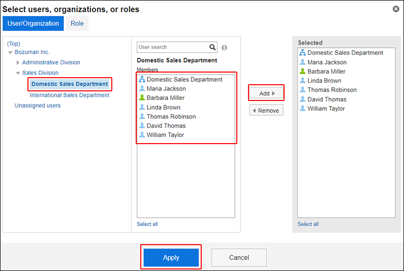 Screenshot: Selecting targets to customize from organizations