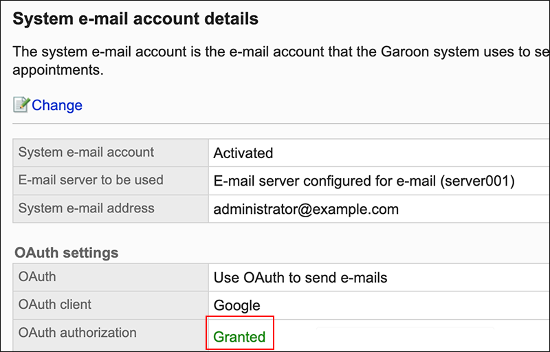 Screenshot: OAuth authorization is granted on the "System e-mail account details" screen