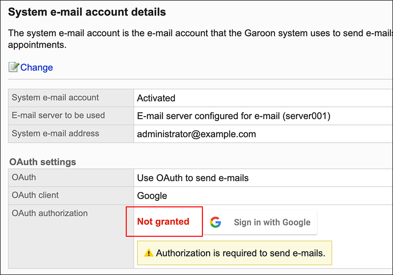 Screenshot: "Not granted" is displayed in the "OAuth authorization" field on the "System e-mail account details" screen