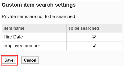 "Custom item search settings" screen