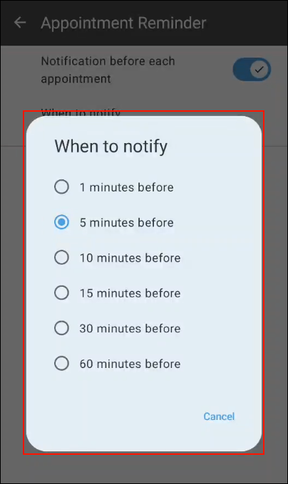 Screenshot: Setting items of "When to notify" are displayed in the pulldown on the Appointment reminder screen.