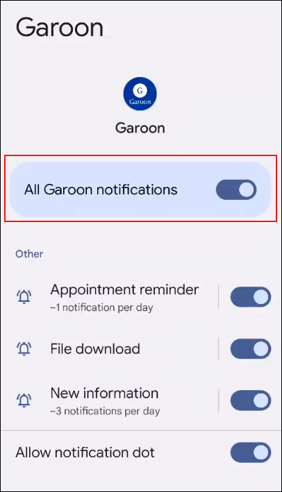 Screenshot: Notifications settings screen of Garoon mobile