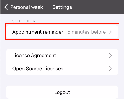 Screenshot: Appointment reminder is highlighted in the settings screen