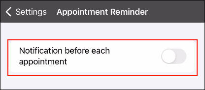 Screenshot: "Notification before each appointment" is disabled in the appointment reminder screen