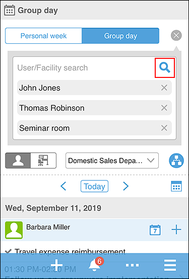 Screenshot: The "Group day" screen with the Search icon highlighted