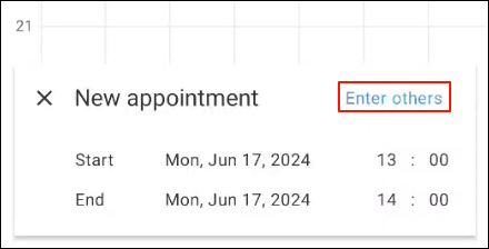 Screenshot: A screen with the start and end time/date for an appointment displayed. A link to enter other items is highlighted