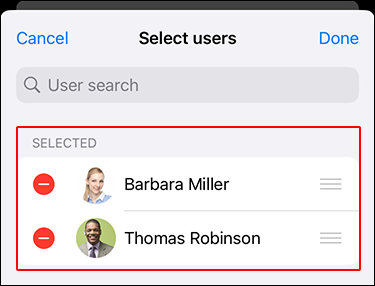 Screenshot: The "Select Users" screen with the selected users highlighted