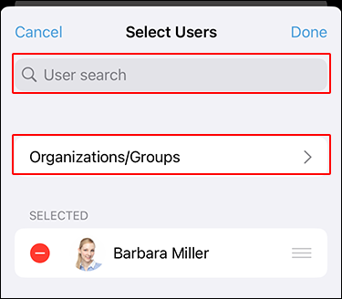 Screenshot: The search box and the "Organizations/Groups" link are highlighted on the "Select users" screen