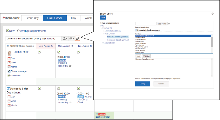 Screenshot: Multiple "Scheduler (Group week view)" portlets are placed