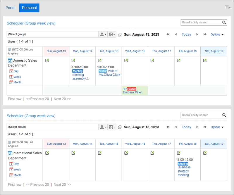 Screenshot: Multiple "Scheduler (Group week view)" portlets are placed