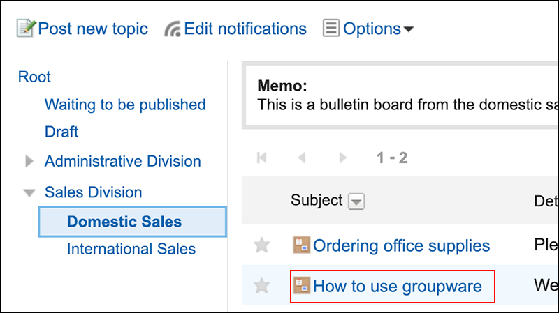 Screenshot: The "Bulletin Board" screen with the title of a topic to check its acknowledgment status being highlighted