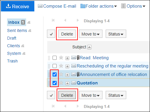 Screenshot: Link to delete is highlighted in the E-mail screen without preview