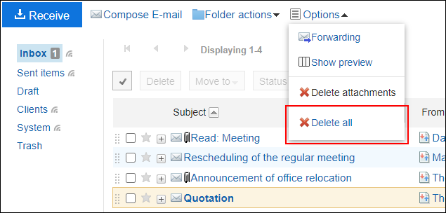 Screenshot: Link to delete all e-mails in the folder is highlighted in the e-mail screen without preview