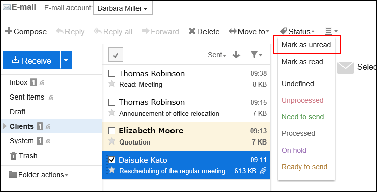 Screenshot: Reverting the status of read e-mail to unread in the e-mail preview screen