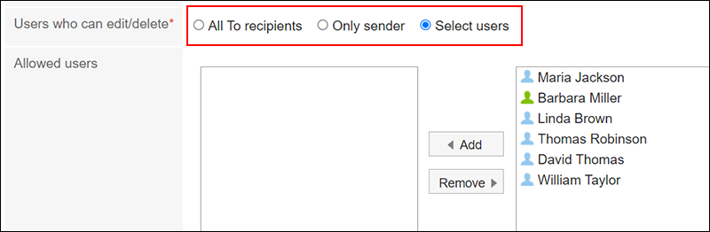 Screenshot: The "Users who can edit/delete" field is highlighted on the "Change To" screen