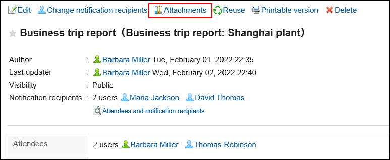 Screen capture: Action link of Attachments