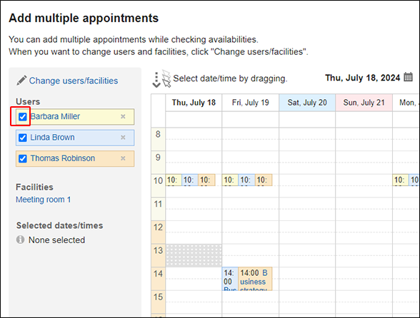 Screenshot: The "Add multiple appointments" screen showing the appointments of multiple users