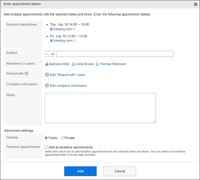 Screenshot: Example of the "Enter appointment details" dialog