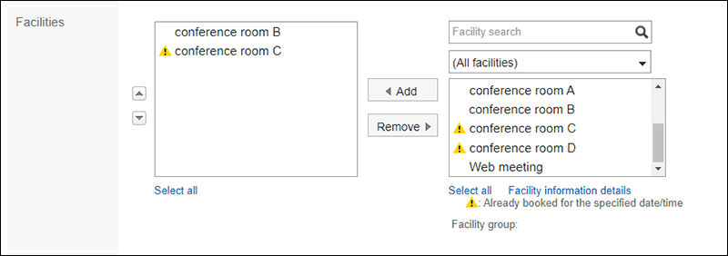 Screenshot: Warning icon is displayed at the beginning of the facility name in the Facility section