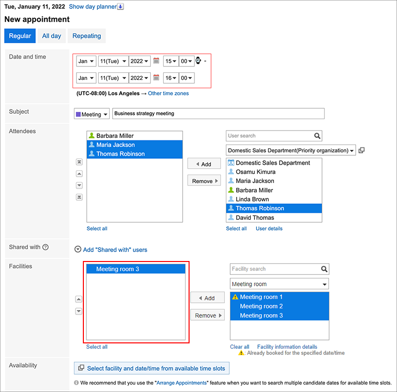 Screen capture: The date/time and the facility configured on the "Check available times" screen have been applied