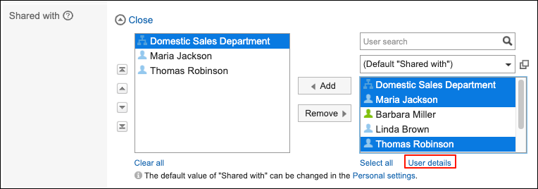 Screen capture: Setting "Shared with" users in the "New appointment" screen