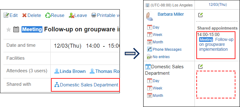 Screen capture: When an organization is set as Shared with user, a shared appointment is displayed on the scheduler screen of its members