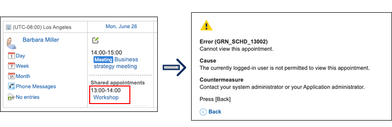 Screenshots: The title of the appointment is displayed for the "Shared with" users, but clicking the title causes an error on the scheduler screen