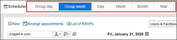 Screenshot: The buttons to select different views of appointments is highlighted in the Scheduler screen