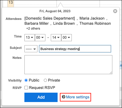 Screenshot: The "More settings" action link is highlighted in the popup window