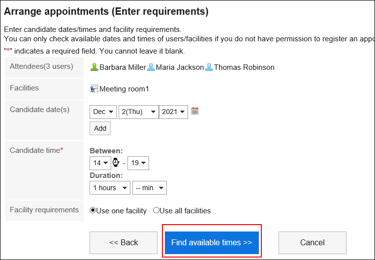 Screen capture: Button to search for available hours on the "Arrange appointments" screen