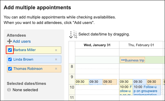 Screenshot: The "Add multiple appointments" screen showing the appointments of multiple users
