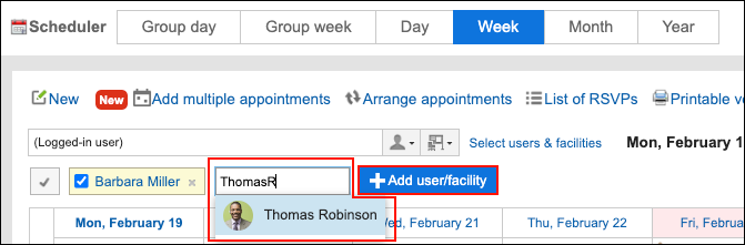 Screenshot: Week view screen. The Select users & facilities link is highlighted
