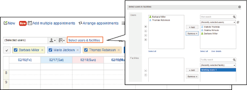 Screenshot: Week view screen. The Add user/facility button and the input field are highlighted