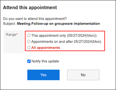 Screenshot: A range for the appointment is highlighted on the "Attend this appointment" screen