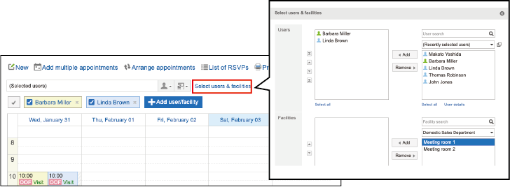 Screenshot: Week view screen. The Select users & facilities link is highlighted