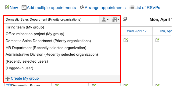 Screenshot: Week view screen. A drop-down list is highlighted