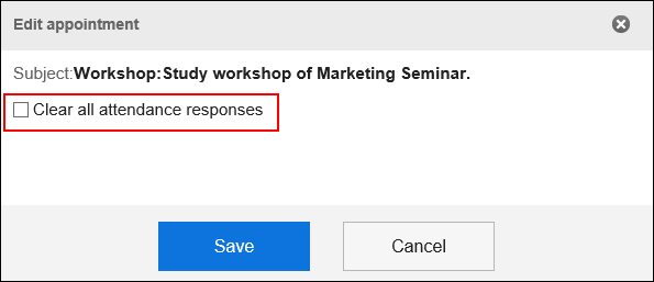 Screenshot: In the "Confirmation of changing RSVP" screen, the "Reset attendees' RSVP responses" checkbox is highlighted