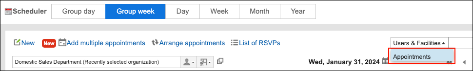 Screenshot: The Group week screen, selecting "Appointments" from the dropdown list to switch the target to search