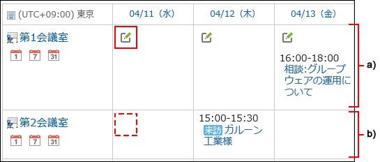 スクリーンショット：アクセス権が設定されている第2会議室は予定の登録ボタンが表示されていない例