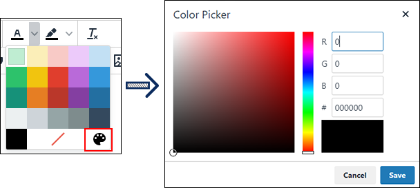 页面截图：用线框圈出自定义颜色图标的页面和显示拾色器的页面