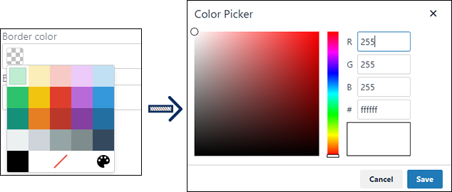 页面截图：用线框圈出自定义颜色图标的页面和显示拾色器的页面