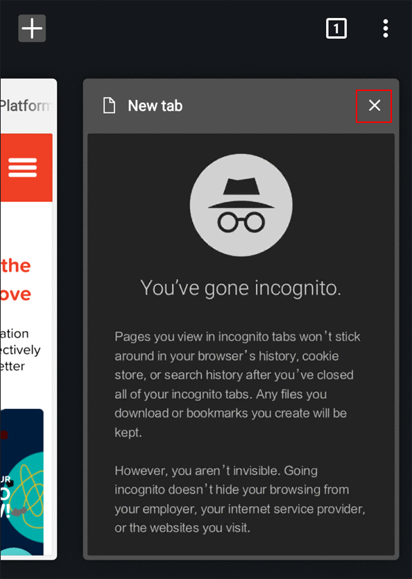 Image of the icon to close the Incognito tab